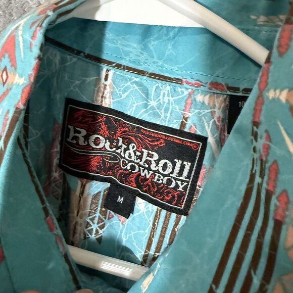 Rock & Roll Cowboy Shirt M Blue Aztec Pearl Snap Front Modern Fit Long Sleeve - Picture 3 of 9